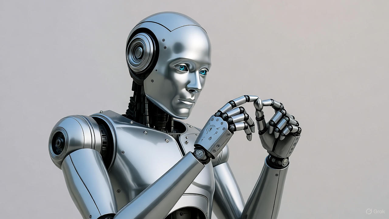 Close-up of a metallic humanoid robot with visible mechanical details and antenna, symbolizing foundational AI concepts and technology design
