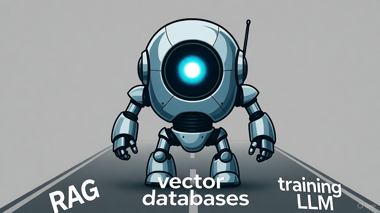 Retro-style robot walking on a road with AI concepts like RAG, vector databases, and training LLM, symbolizing a journey through artificial intelligence