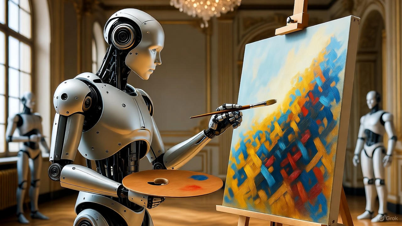 Humanoid robot painting on an easel in an elegant room, symbolizing creativity and generative artificial intelligence