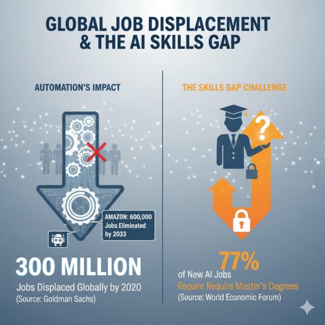An infographic showing key statistics: 300 million jobs displaced globally by 2030, and 77% of new AI jobs require a Master's degree.