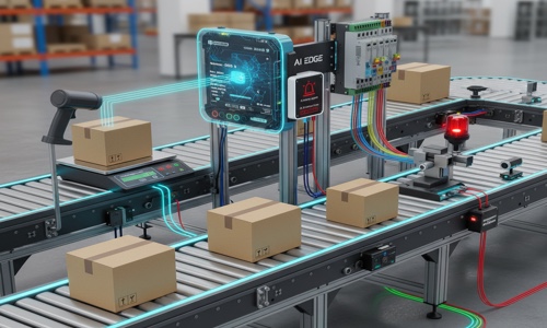 Illustration of AI integrated with PLCs in an industrial automation system, showing conveyor belts, sensors, actuators, and edge computing connectivity.