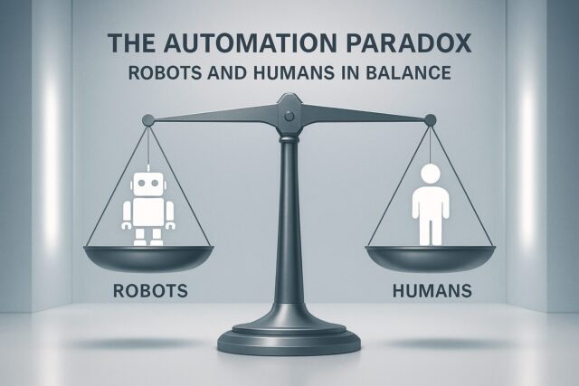 A graphic of a weighing scale balancing robots and machinery (labeled Productivity) against human silhouettes (labeled Purchasing Power).