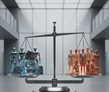 A balanced scale showing robots and gears on one side and human silhouettes on the other, representing the tension between automation and workforce.