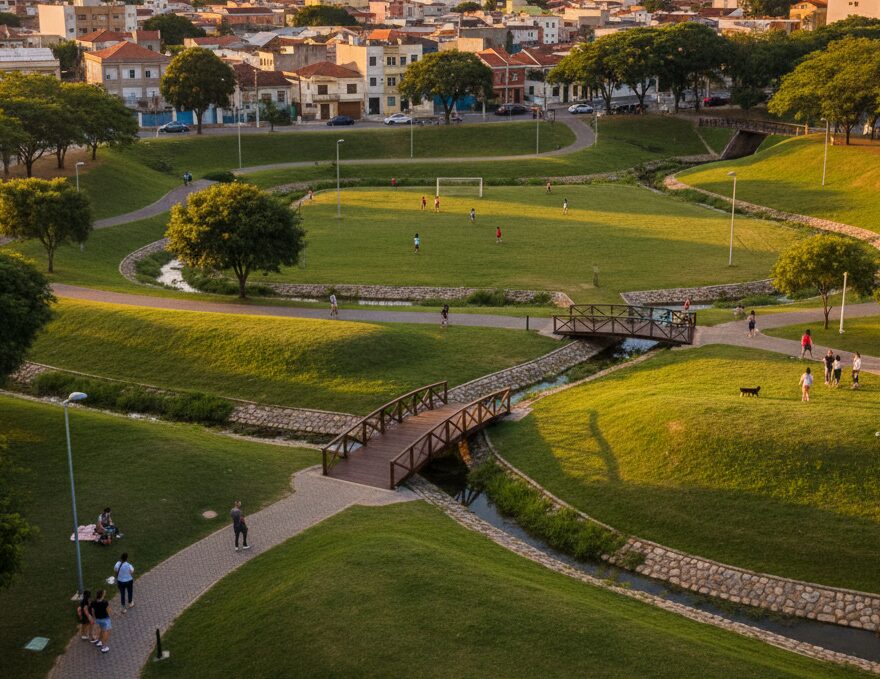 Park in Curitiba with people walking on wooden bridges over small canals, playing soccer, surrounded by trees and houses in the background.