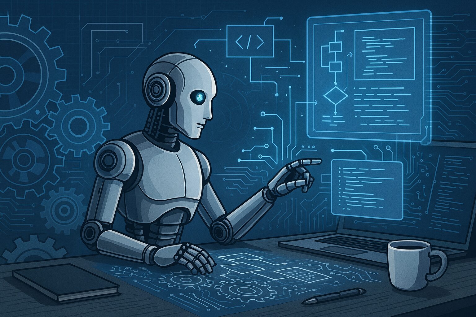 Humanoid robot interacting with holographic diagrams of code and system architecture, surrounded by gears and circuit patterns, symbolizing the fusion of traditional engineering and modern technology