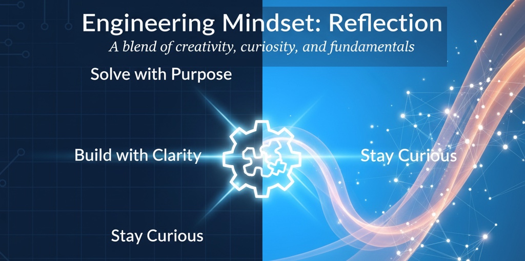 Split graphic showing logic and creativity joined by a gear icon, representing the engineering mindset of purpose, clarity, and curiosity.