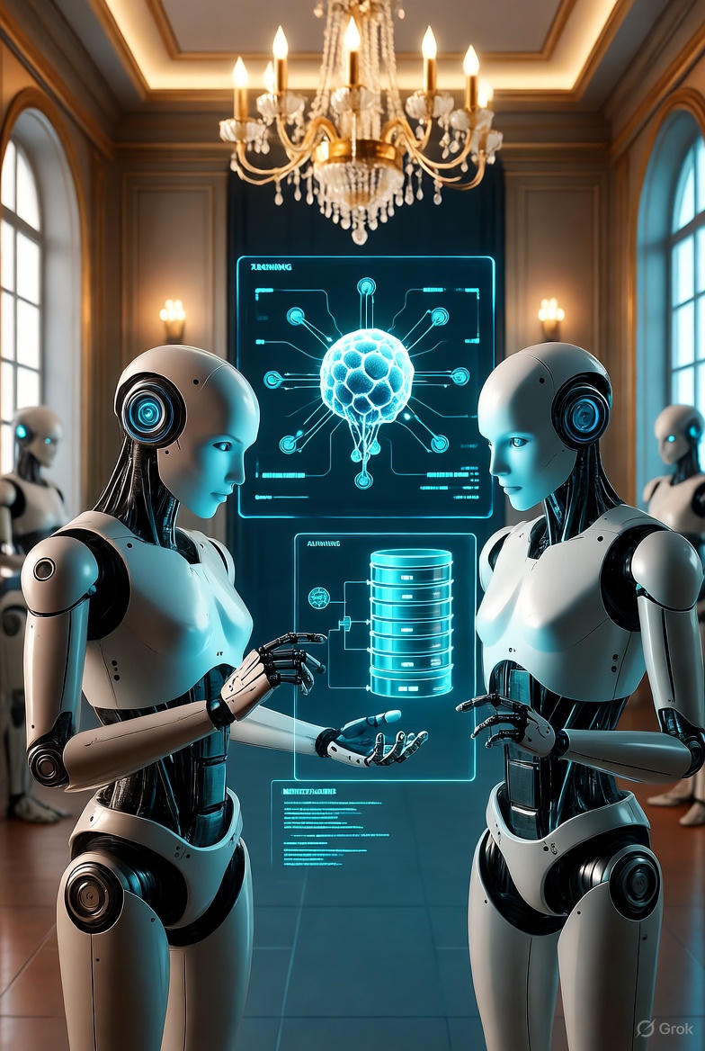Two humanoid robots exchanging ideas in front of a digital interface showing neural network and database graphics, symbolizing LLM training versus RAG usage