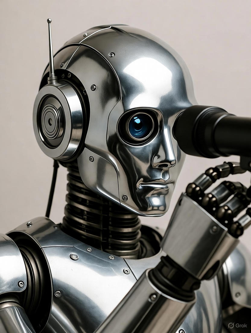 Close-up of a metallic humanoid robot with visible mechanical details and antenna, symbolizing precision and calibration in AI system design