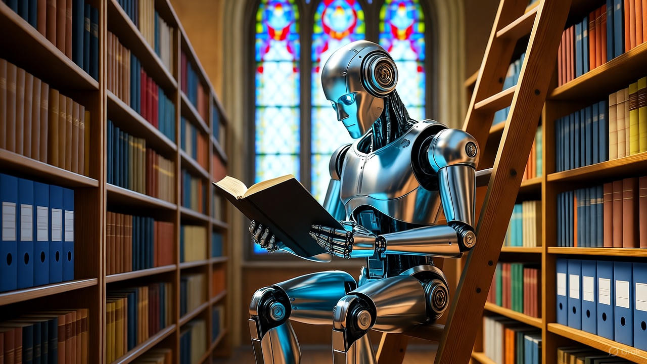 Humanoid robot sitting on a ladder in a library reading a book, symbolizing knowledge retrieval and RAG in artificial intelligence