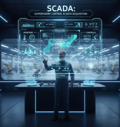 High-tech factory floor with robotic arms and conveyor belts, highlighted by glowing lines and icons depicting SCADA system data flow and real-time monitoring.