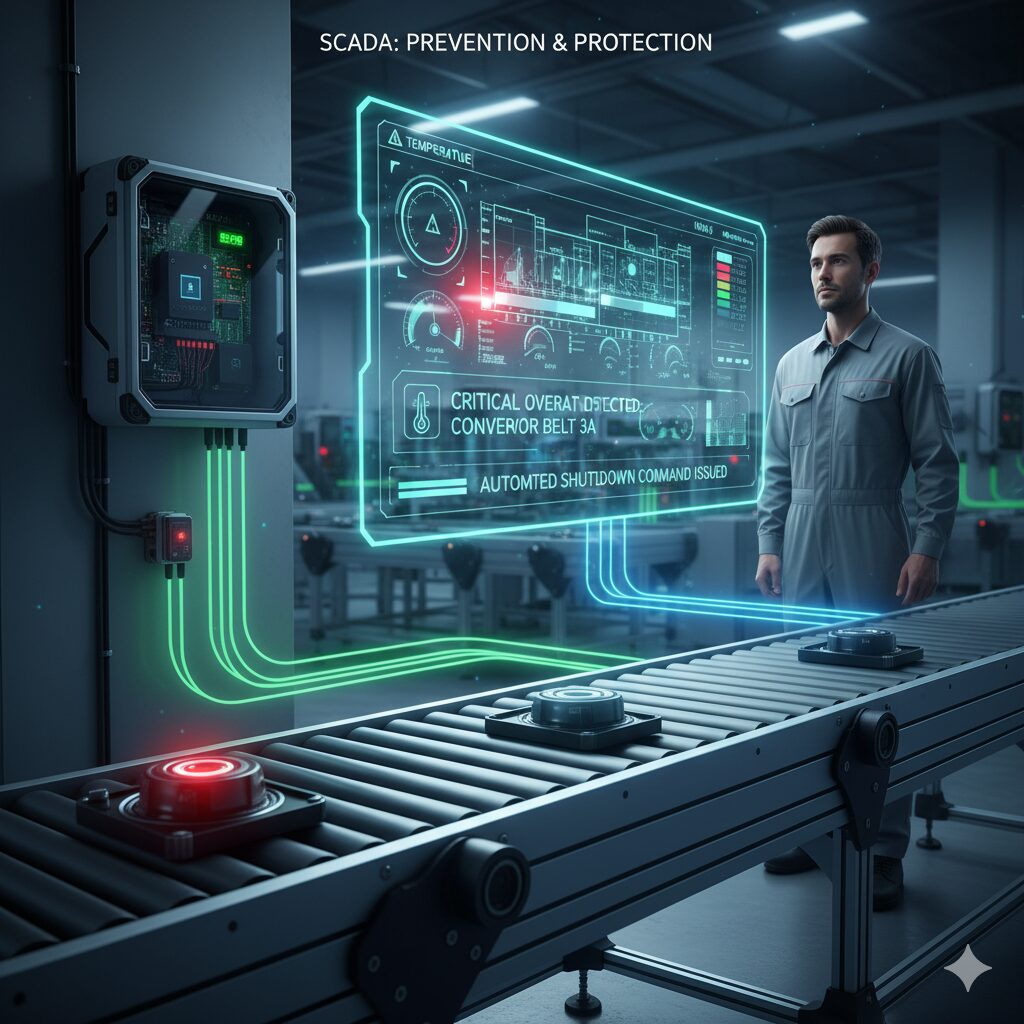 SCADA system diagram showing connections between sensors, RTUs, PLCs, and a central HMI, representing data flow in an industrial automation environment.