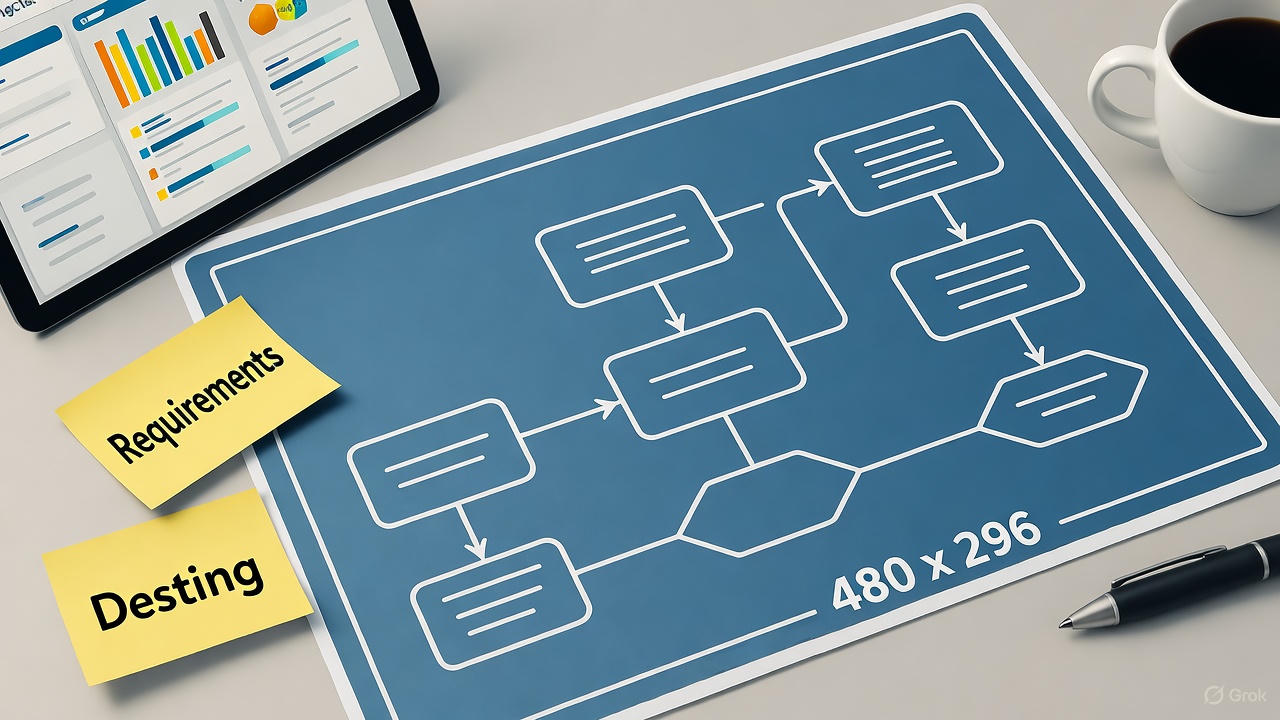 Workspace with a flowchart and sticky notes labeled "requirements," "design," and "testing," alongside a laptop and coffee cup, symbolizing structured planning in software development.