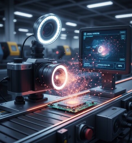 Diagram showing AI-powered machine vision systems building on traditional automation in smart factories.