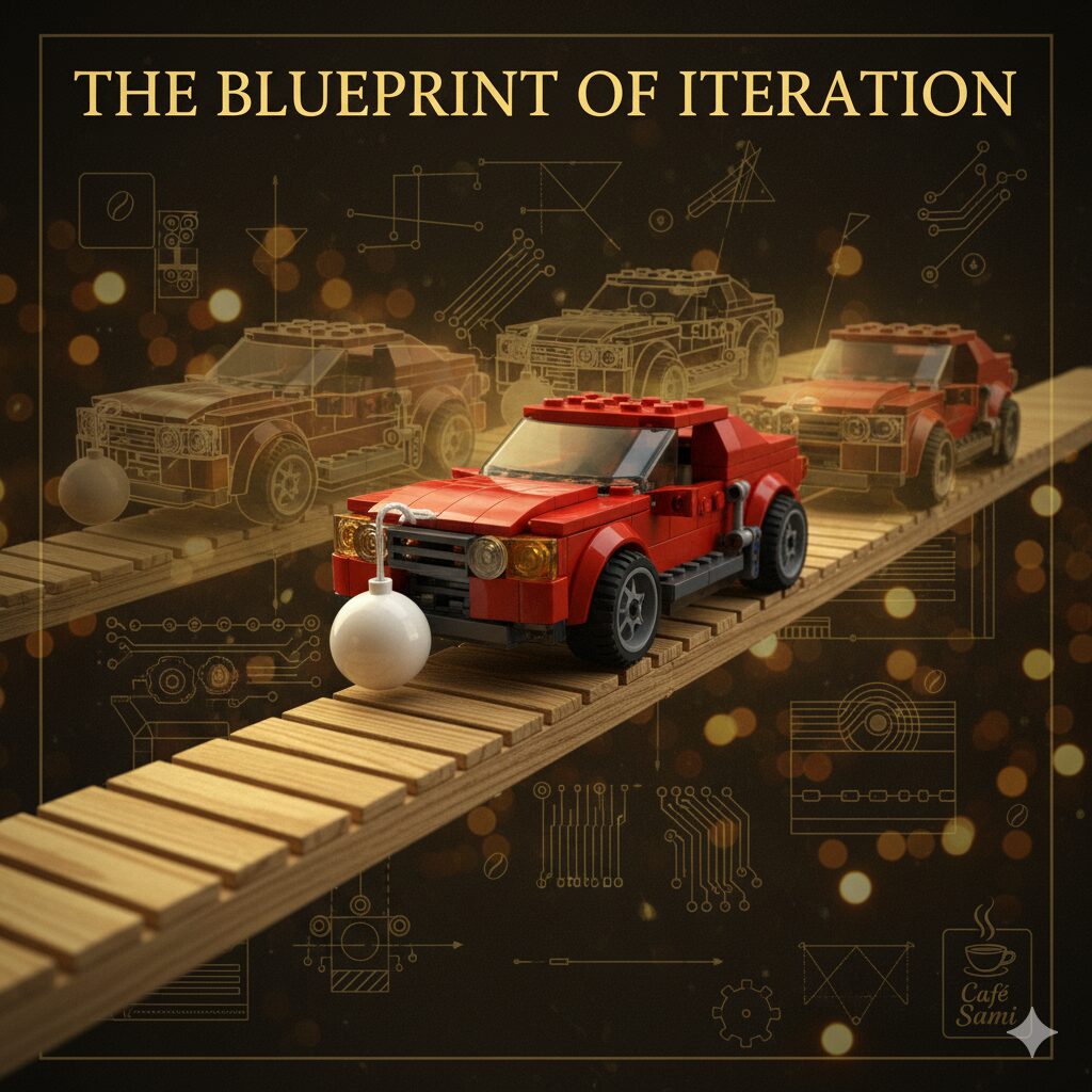 Each LEGO car iteration builds on the last—visualizing trial, error, and success on the narrowest bridge.