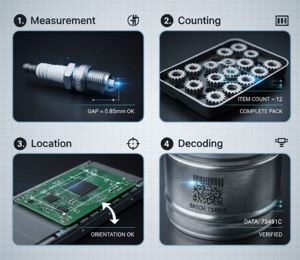 Graphic showing how machine vision decoding reads barcodes, Data Matrix codes, and OCR to ensure traceability in manufacturing