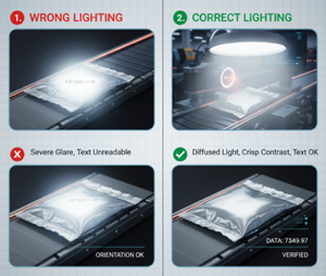 Diagram showing essential machine vision hardware components: lighting, lens, sensor, vision processor, and communication