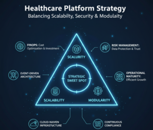 A conceptual diagram showing the tension and balance between Scalability, Security, and Modularity, with a central "Strategic Sweet Spot" for regulated healthcare environments.