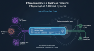 A strategic architectural diagram showing an interoperability layer that normalizes heterogeneous lab data (HL7, DICOM, LIS) into a standardized canonical model for a clinical platform.