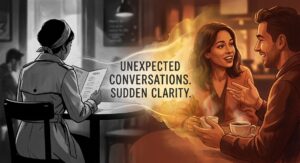 Split-style illustration showing a monochrome figure reading a menu on the left and two people sharing a warm, illuminated coffee conversation on the right.