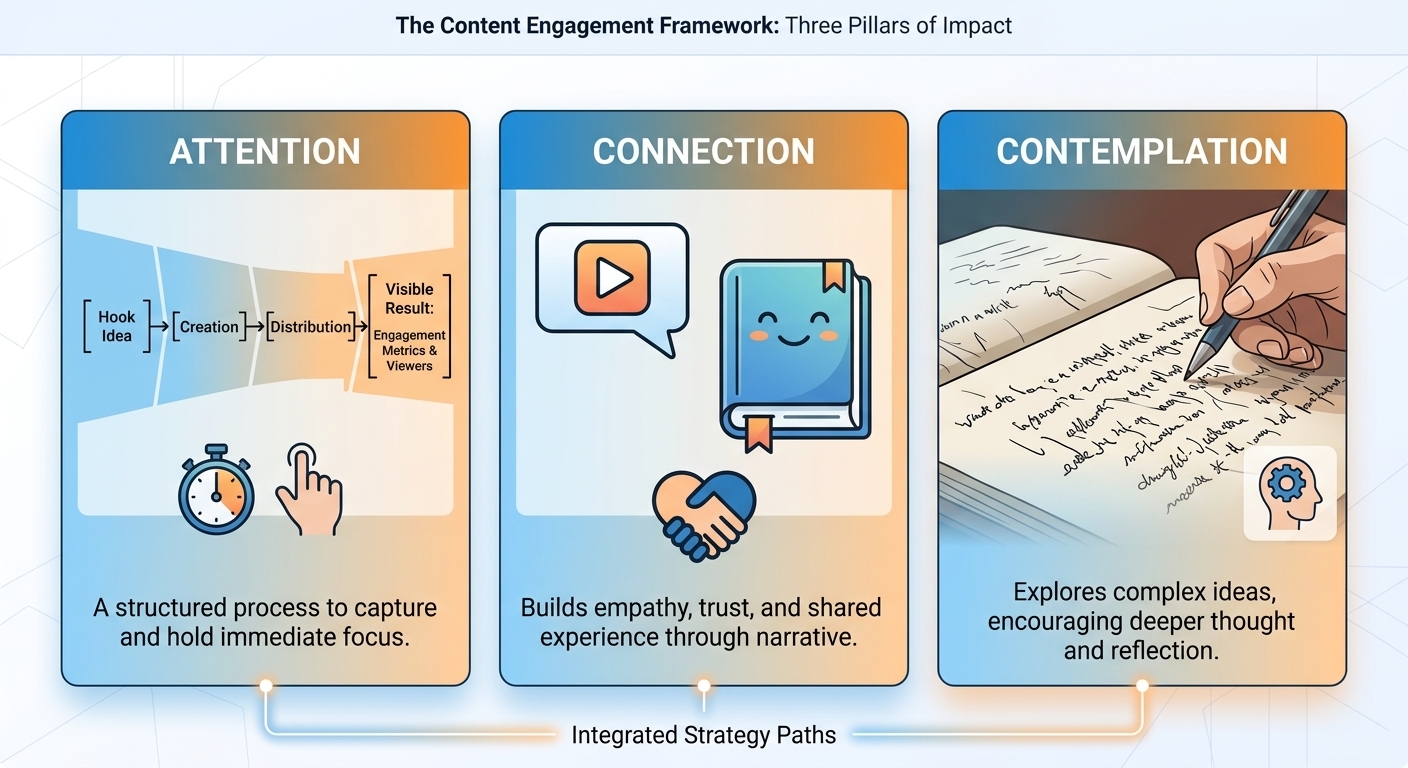 A three-panel composite graphic featuring a content lifecycle diagram on the left, storytelling principles in the middle, and a person writing in a notebook on the right.