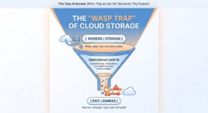 Technical diagram showing a funnel metaphor for cloud lock-in, illustrating a wide low-cost data ingress opening at the top and a narrow high-cost egress exit at the bottom.