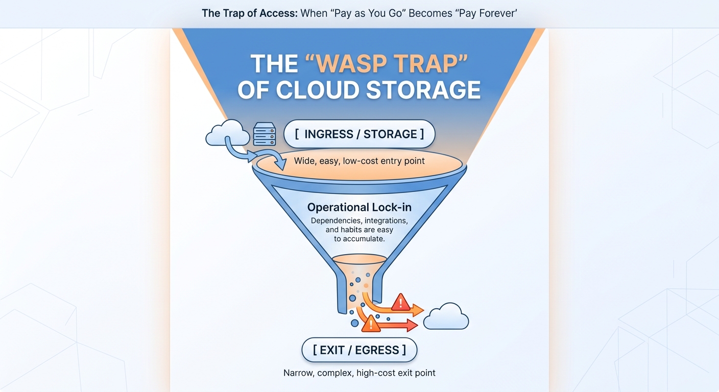 Technical diagram showing a funnel metaphor for cloud lock-in, illustrating a wide low-cost data ingress opening at the top and a narrow high-cost egress exit at the bottom.