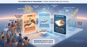 Infographic illustrating the foundations of engagement through stories, short observations, and deep writing, showing how they create connection, attention, and intellectual depth.