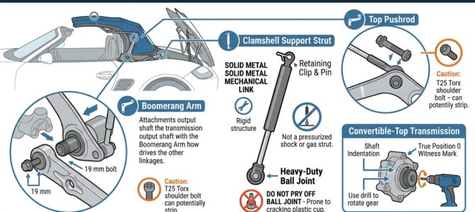 Porsche Boxster Convertible (987.1) Top: From a Broken Pushrod to Transmission Synchronization and Clamshell Alignment Porsche Boxster Convertible (987.1) Top: From a Broken Pushrod to Transmission Synchronization and Clamshell Alignment
