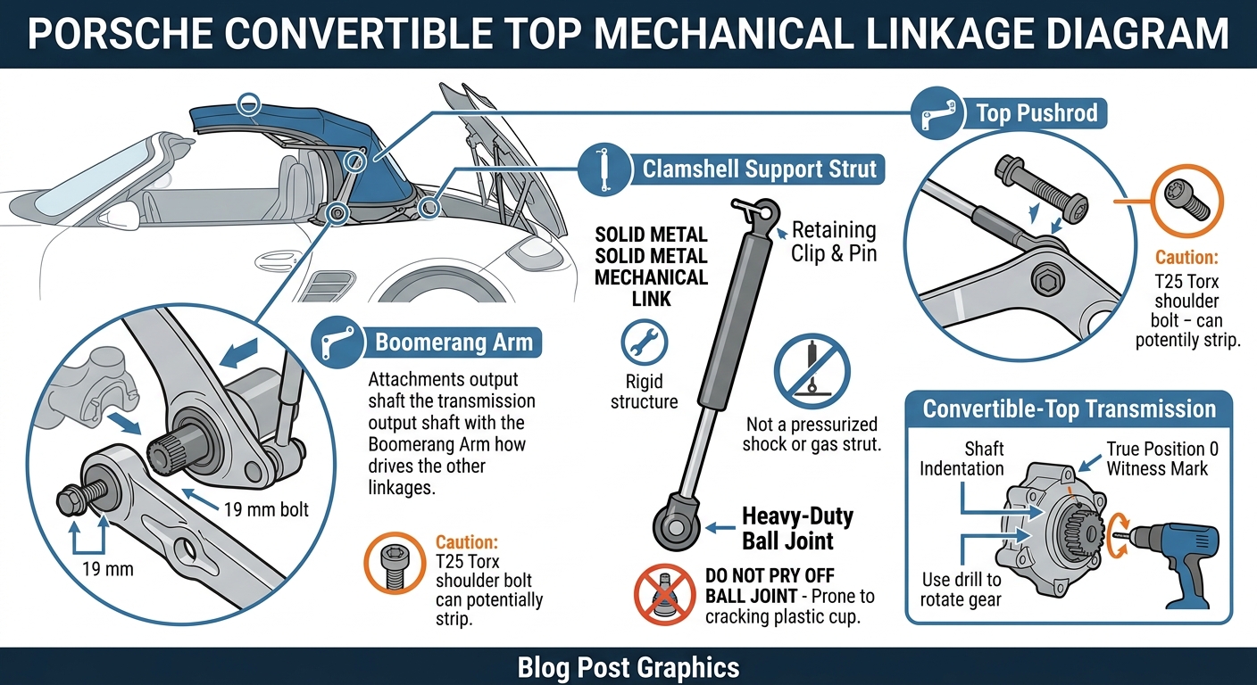 Infographic showing Porsche Boxster soft top components: Boomerang Arm, Top Pushrod, and Clamshell Support Strut (rigid metal link, not a pressurized shock). Includes synchronization steps for the transmission using witness marks.