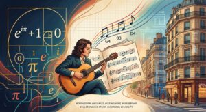 A three-panel digital banner depicting a glowing golden Euler's identity equation on the left, a classical guitarist reading sheet music in the center, and a historic Parisian street with architectural blueprint overlays on the right.