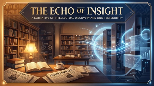 An editorial illustration of a warm library with wooden bookshelves, books, and microfilm on the left, transitioning into glowing blue digital data streams and AI network nodes on the right.