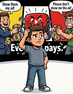 A cartoon illustration showing a confused bystander scratching his head in the foreground, looking at a double-monetization scene where an advertiser and a user both hand money to a smiling platform icon.