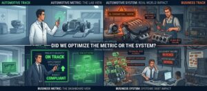 Four-quadrant diagram comparing narrow metric optimization against real-world system failures across automotive engineering and business operations.