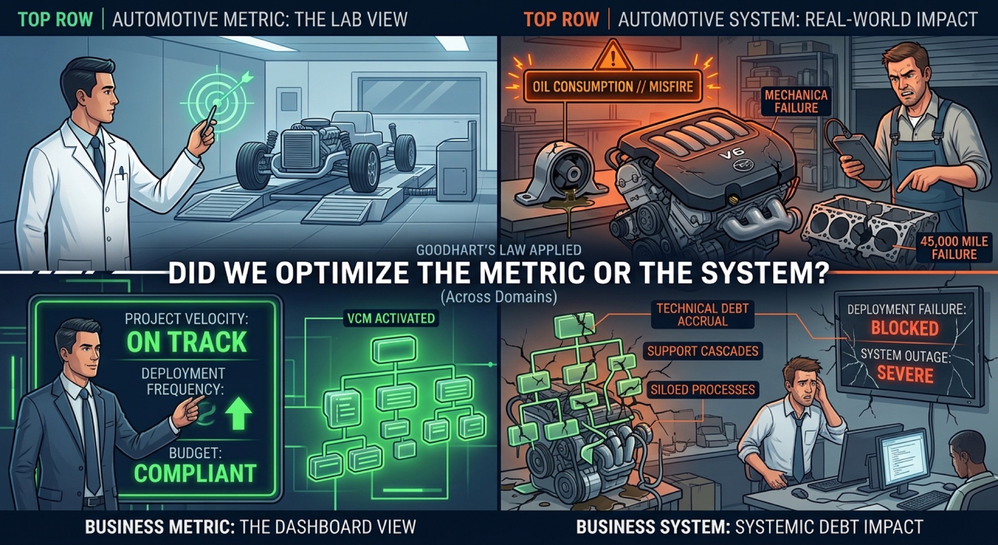 Four-quadrant diagram comparing narrow metric optimization against real-world system failures across automotive engineering and business operations.