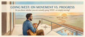 A dark-haired man sitting on a balcony with a guitar and cup of tea, reflecting on a compass pointing West while looking over a swimming pool.