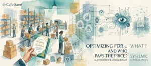 An editorial watercolor illustration showing a busy warehouse floor with a hand holding a wedding invitation, transitioning into a digital schematic with circuit patterns and AI iconography.