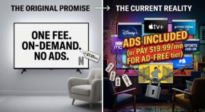 A split-screen graphic contrasting the original Netflix model of one simple fee with today's fragmented, ad-heavy streaming ecosystem.