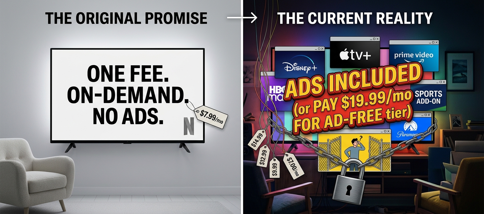 A split-screen graphic contrasting the original Netflix model of one simple fee with today's fragmented, ad-heavy streaming ecosystem.