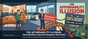 An editorial illustration showing a happy couple looking at a "Only $599/mo" sign in a hybrid furniture and car showroom. A smiling salesman holds a "0% Interest (Deferred Interest)" sign attached to a heavy chain. The chain is connected to a monstrous gray sign revealing "39% Deferred Interest," "Total Debt: $43,000+," and "7-Year Loan" positioned over a financial cliff, symbolizing "The Affordability Illusion."