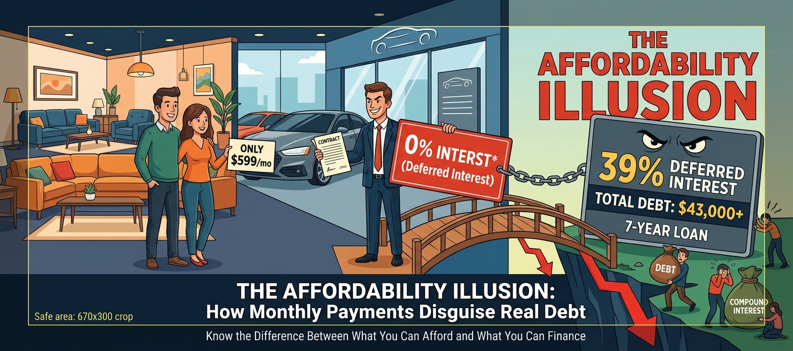 An editorial illustration showing a happy couple looking at a "Only $599/mo" sign in a hybrid furniture and car showroom. A smiling salesman holds a "0% Interest (Deferred Interest)" sign attached to a heavy chain. The chain is connected to a monstrous gray sign revealing "39% Deferred Interest," "Total Debt: $43,000+," and "7-Year Loan" positioned over a financial cliff, symbolizing "The Affordability Illusion."